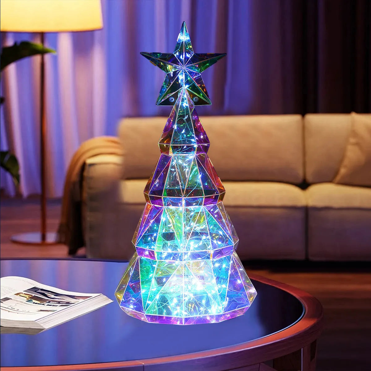 Colourful cartoon-style Christmas tree LED decoration with glowing yellow lights
