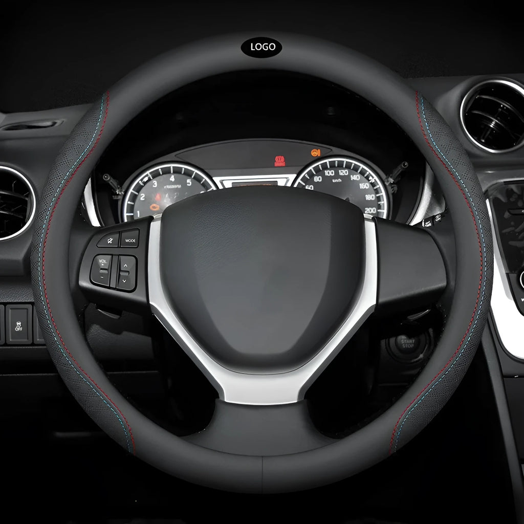 Black steering wheel cover with two-colour stitching, showing napa leather texture and a 38cm diameter.