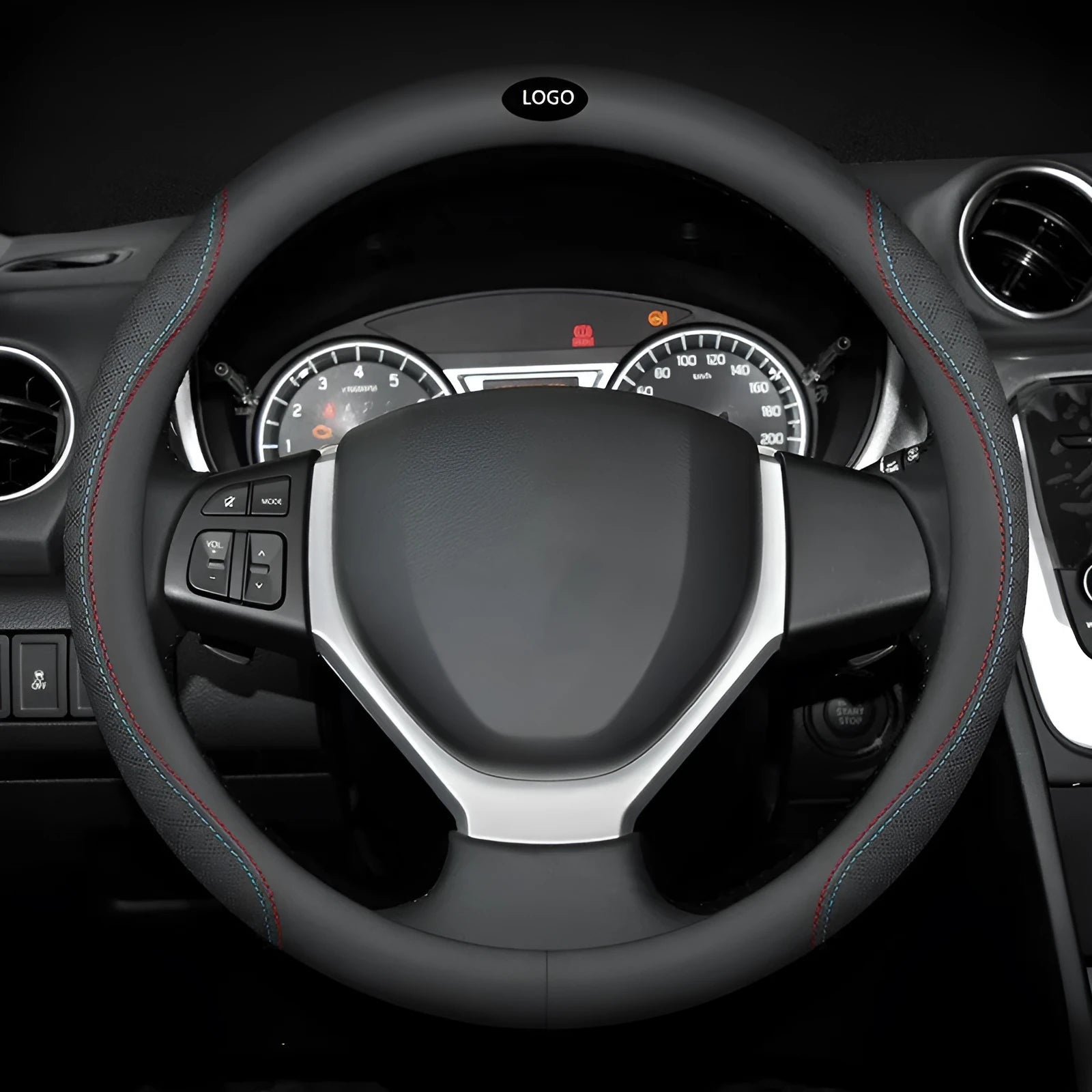 Black steering wheel cover with two-colour stitching, showing napa leather texture and a 38cm diameter.