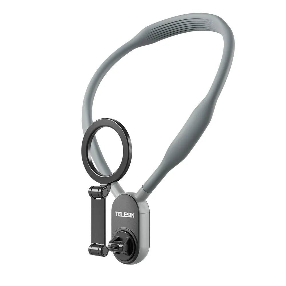 Gray silicone magnetic phone neck mount showing mobile phone attached with safety rope and aluminium strip construction