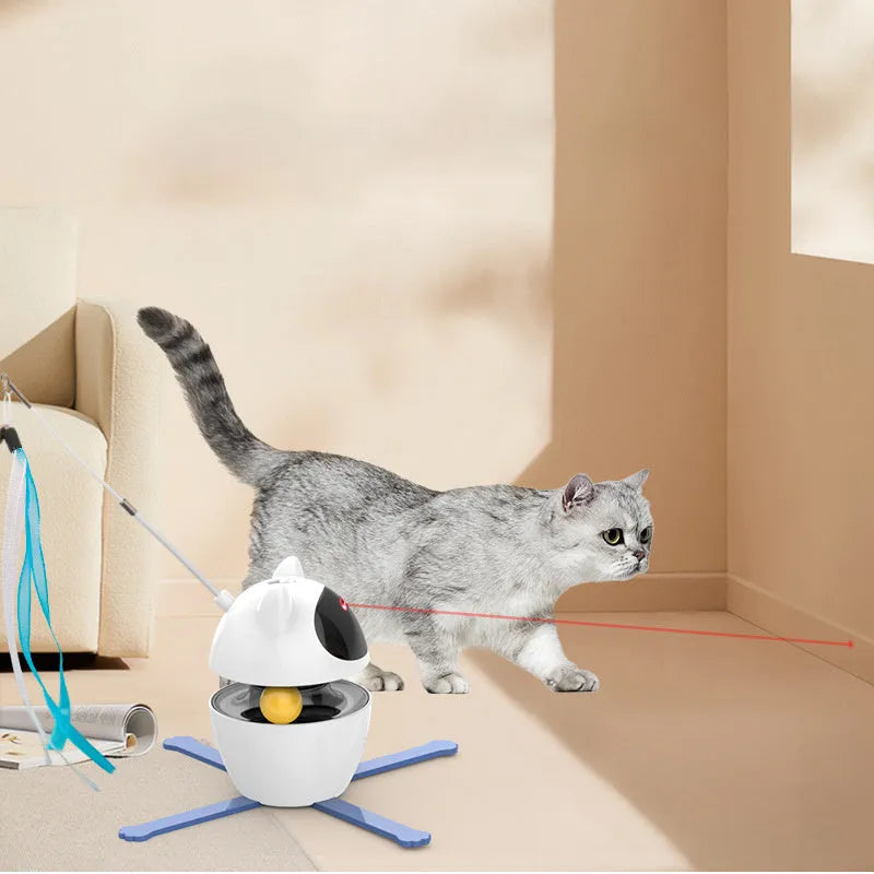 White automatic electronic cat toy with rotating stick and elastic rope for indoor feline entertainment