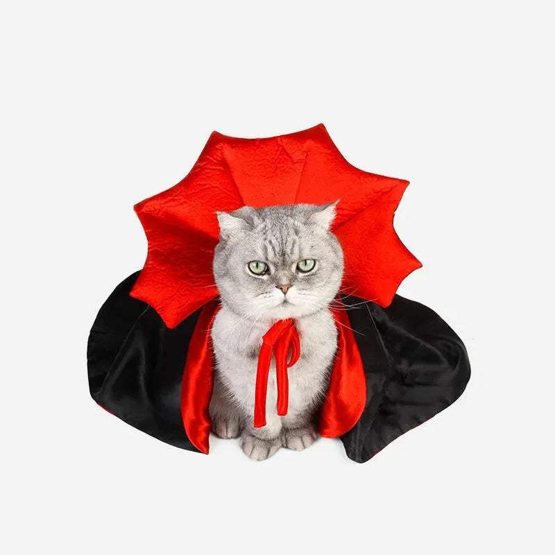 Halloween vampire cloak costume for small pets on mannequin showing kawaii design elements