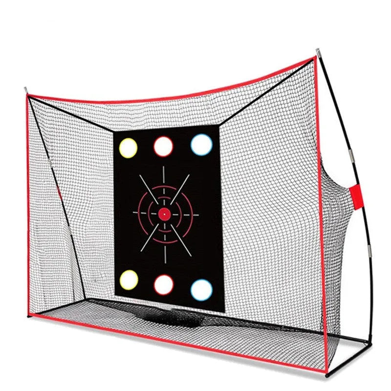 Golf training net with swing wedge on 30x60 cm straw mat including practice balls and accessories