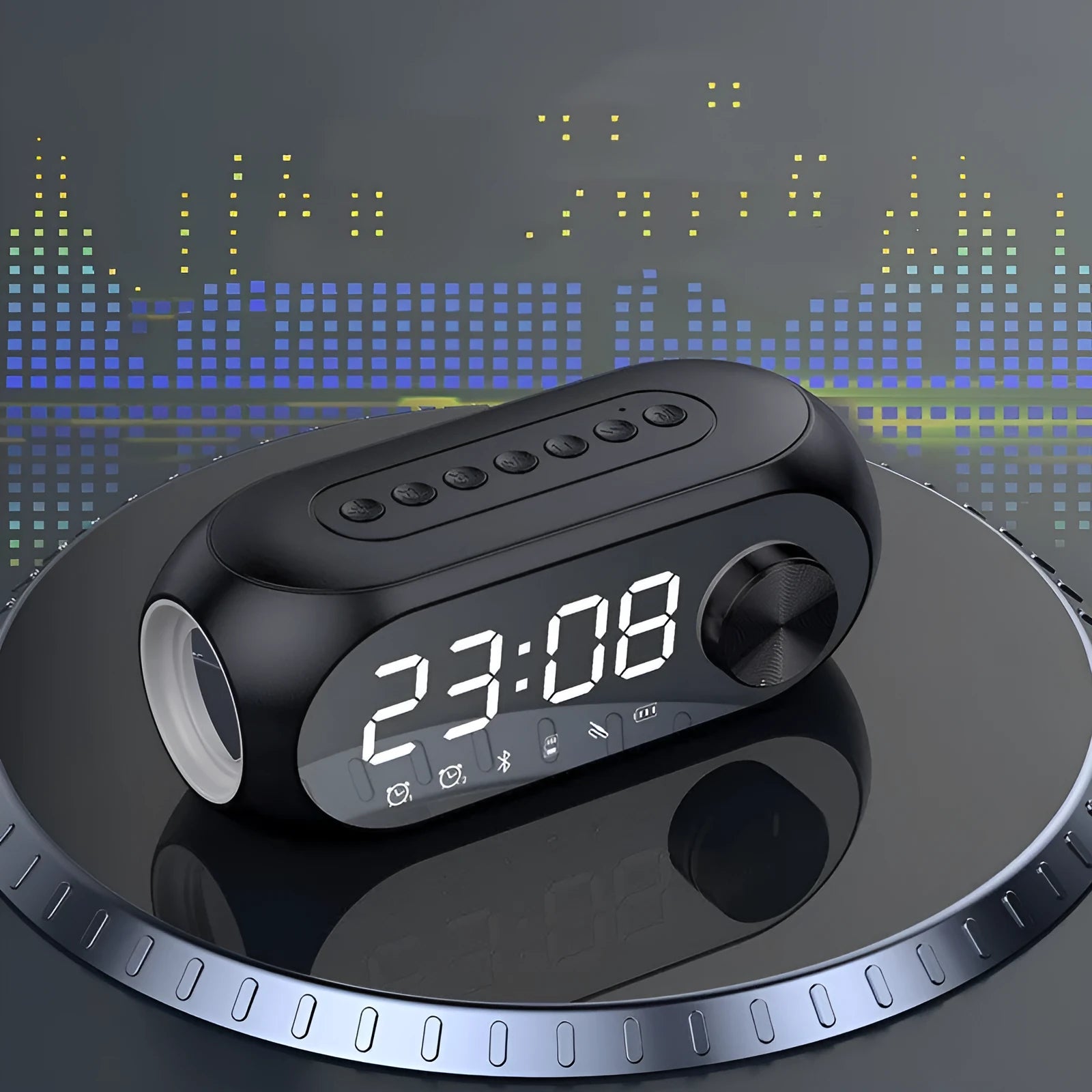 Extra Bass portable Bluetooth speaker with digital LED clock display in compact rectangular design