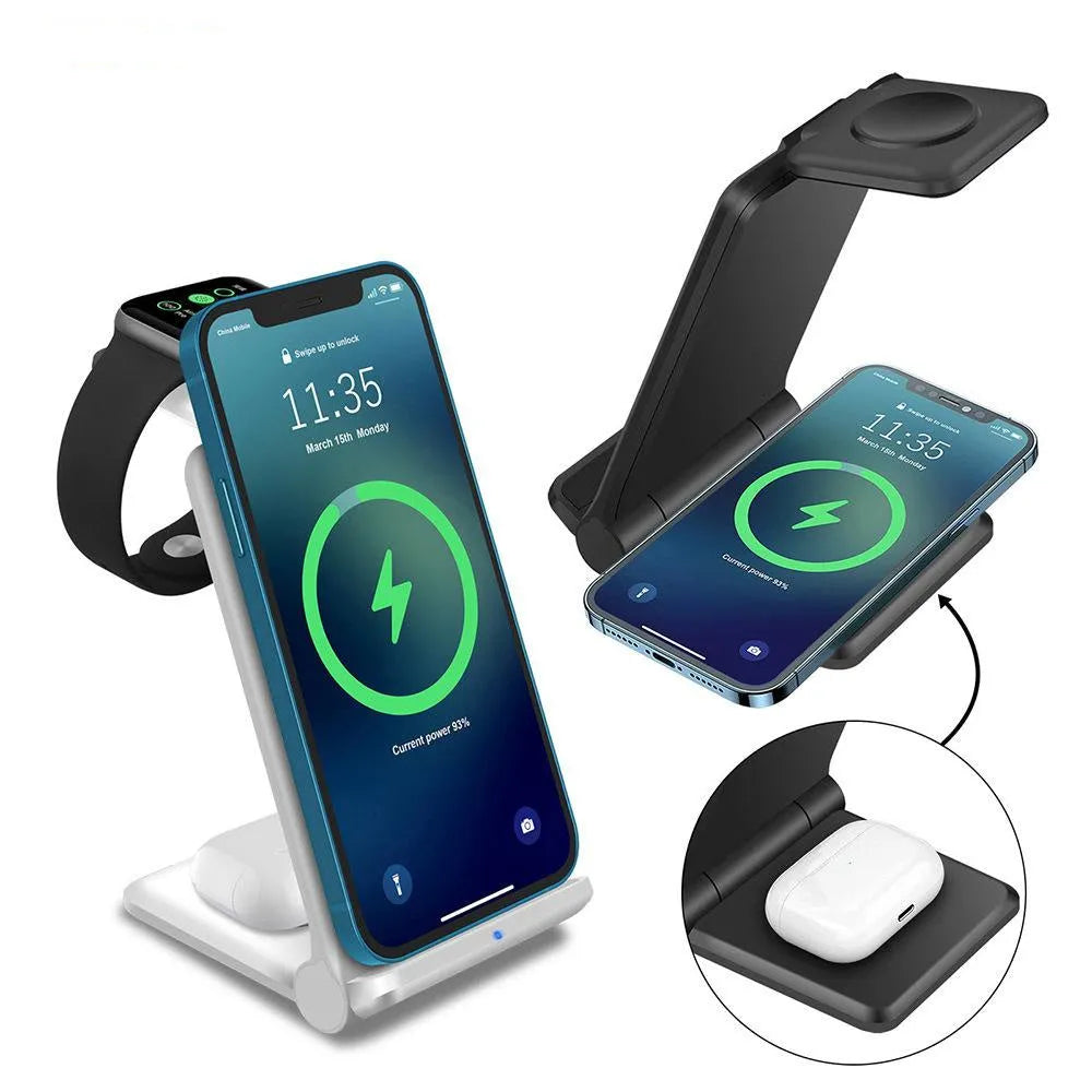 Black foldable 3-in-1 wireless charging station charging iPhone, Samsung phone and Apple Watch simultaneously