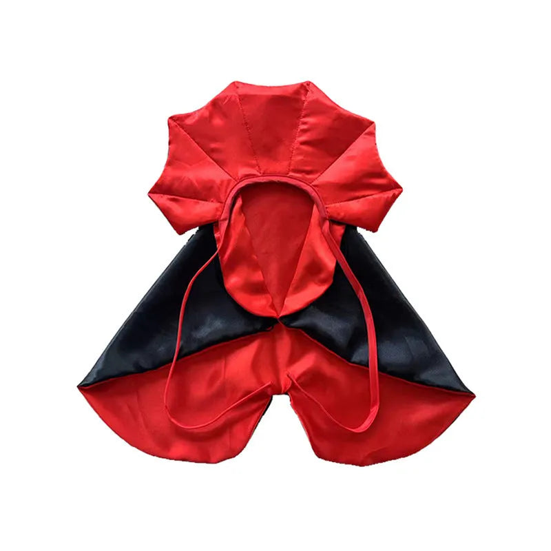Halloween pet costume with bat cloak and devil horn hat in purple or red