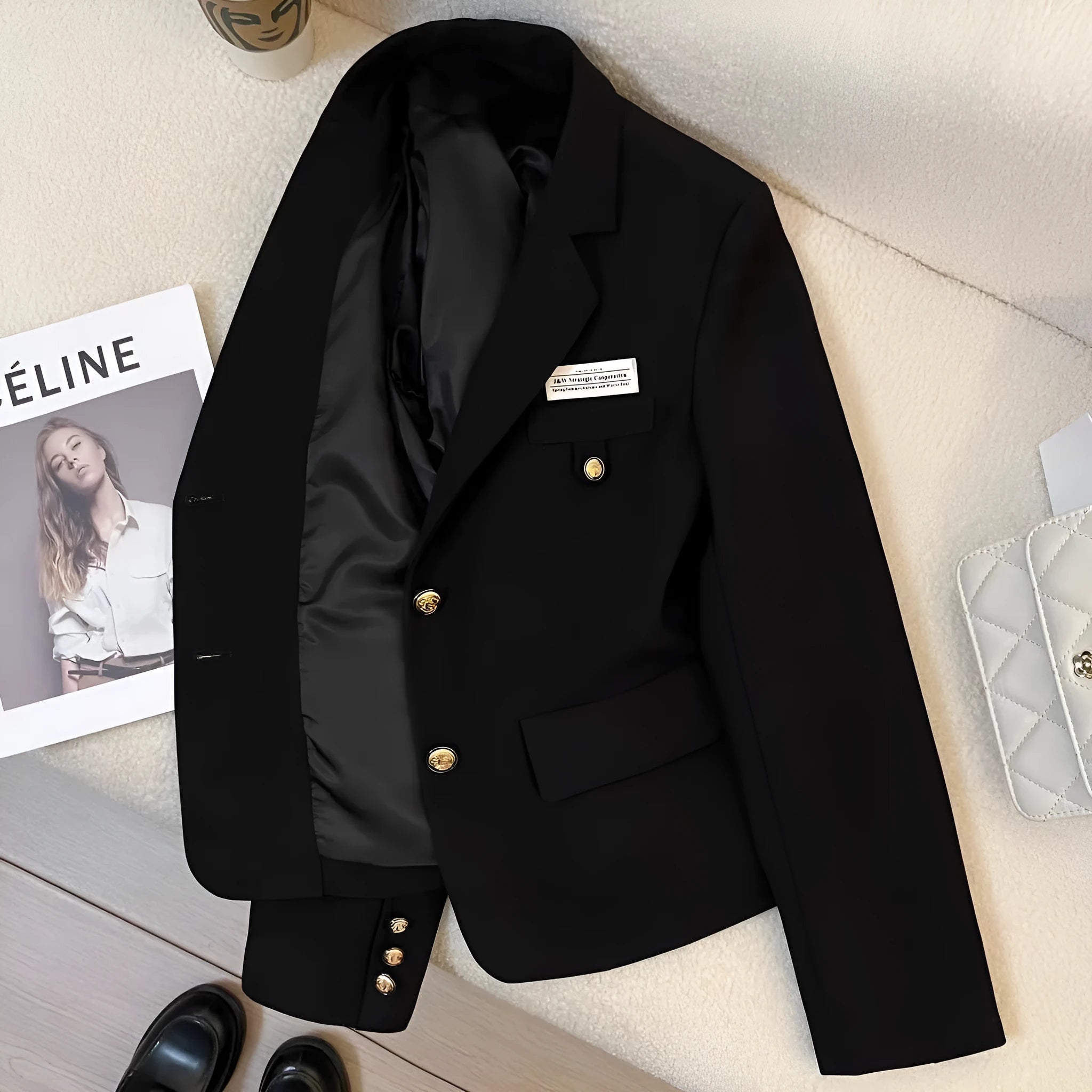 Black women's loose-fit polyester suit coat with long sleeves and pockets