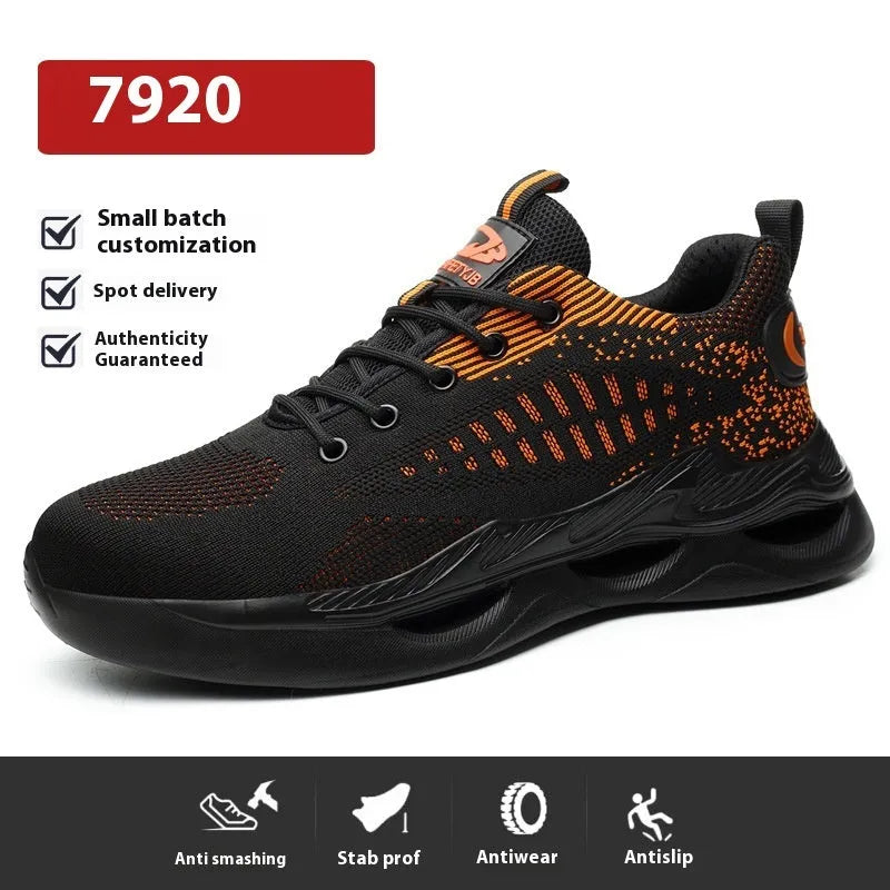 Breathable labour protection shoes with puncture resistance, Flyknit upper, rubber outsole in 7918 black colour