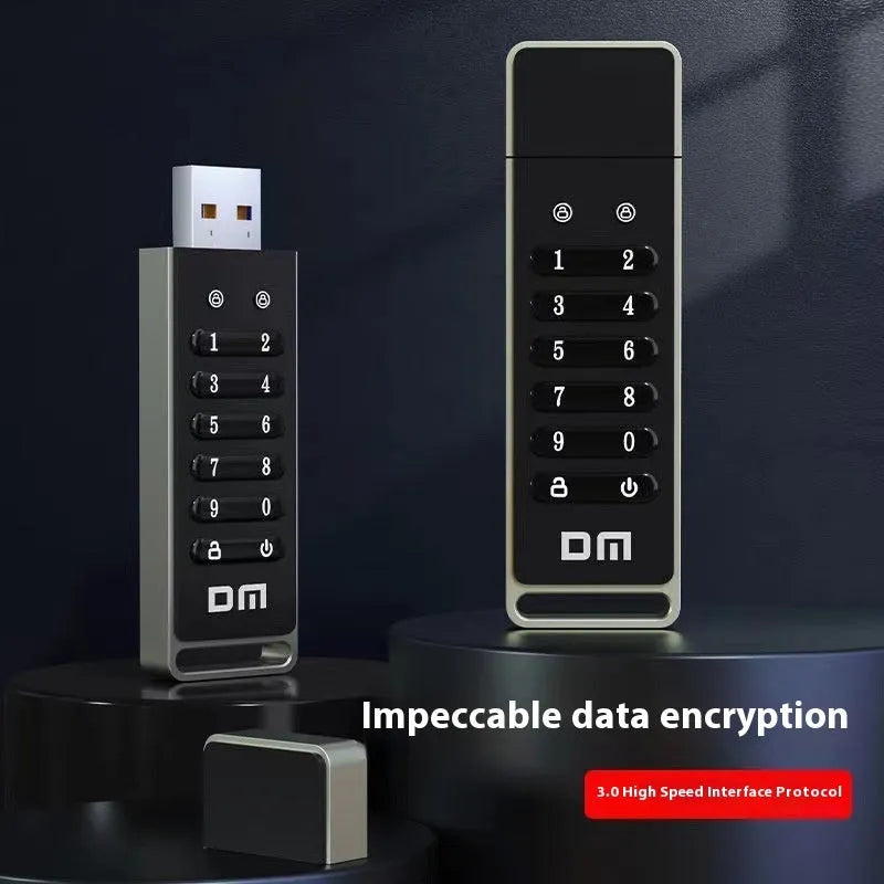 64GB metal USB 3.0 flash drive with fingerprint sensor and digital button encryption
