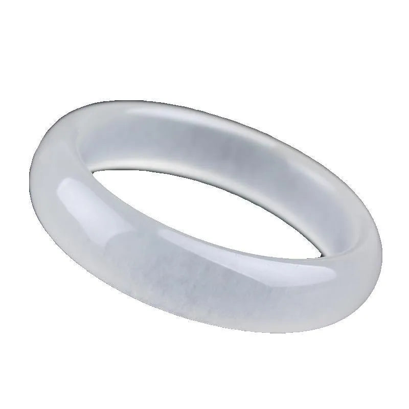 Gao Bing ice-like white moonlight jade bracelet showing flat rod and round rod style options on a wrist.