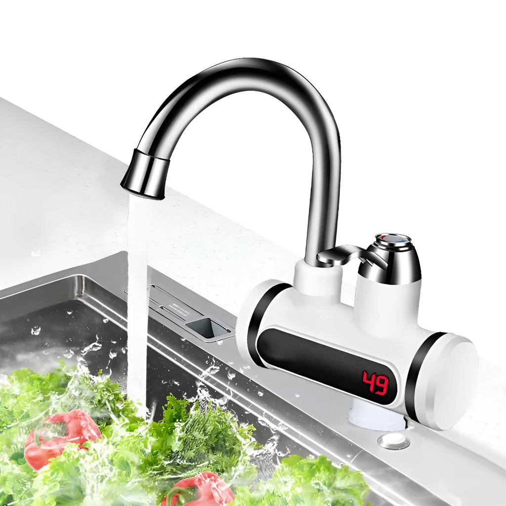 White kitchen electric water heater tap with digital temperature display and instant heating capability
