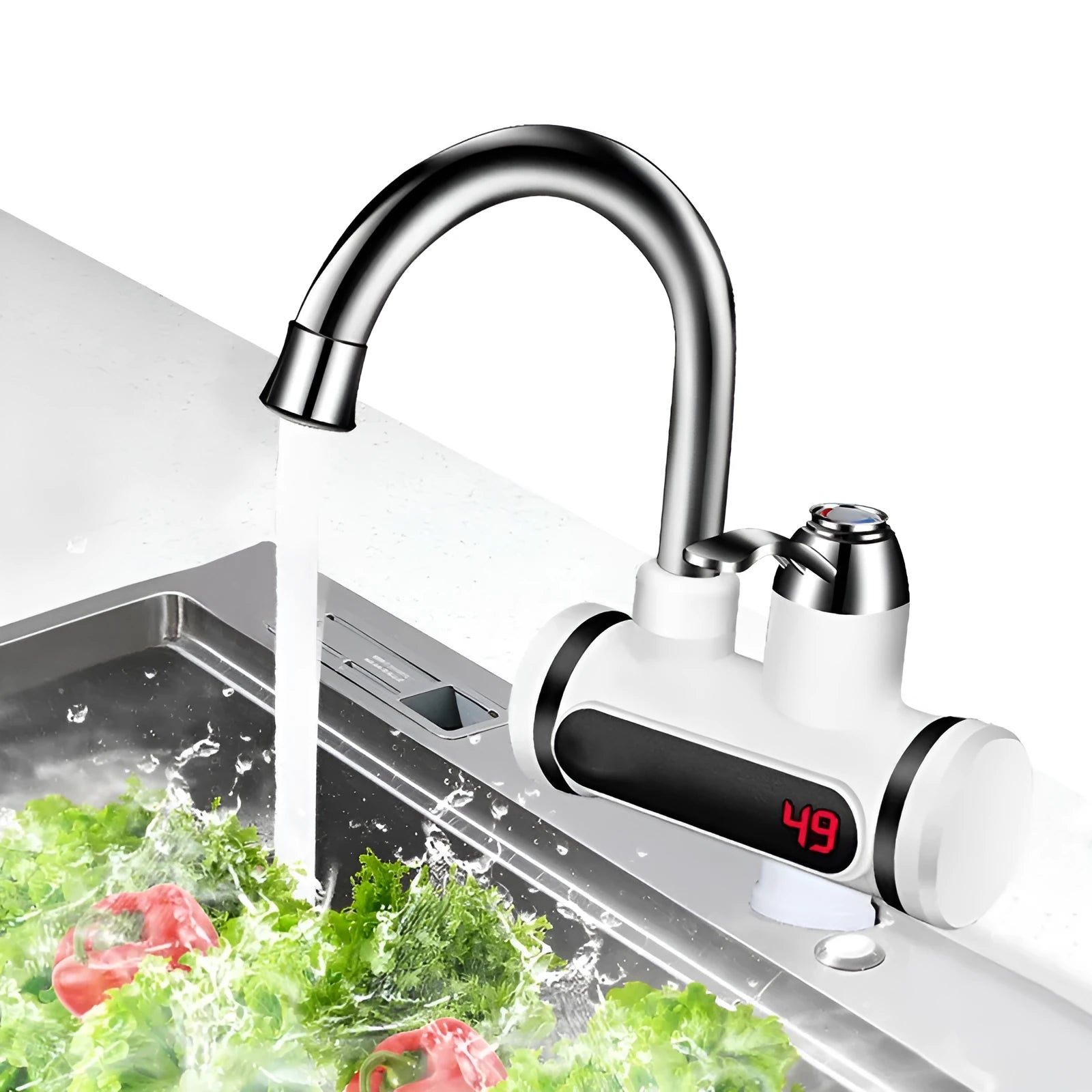 White kitchen electric water heater tap with digital temperature display and instant heating capability
