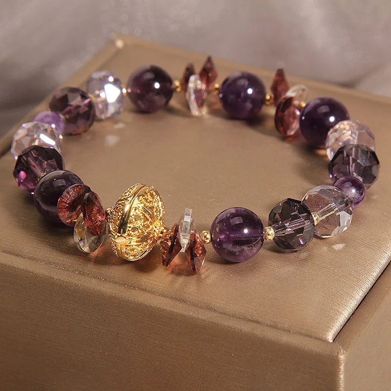 Purple crystal women's bracelet with pumpkin lucky beads and rhinestone decorative elements