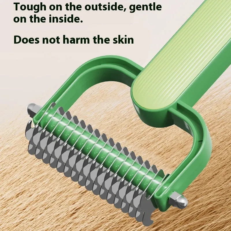 A green and grey dog detangling comb made from PP plastic and stainless steel, shown in small and large size options.