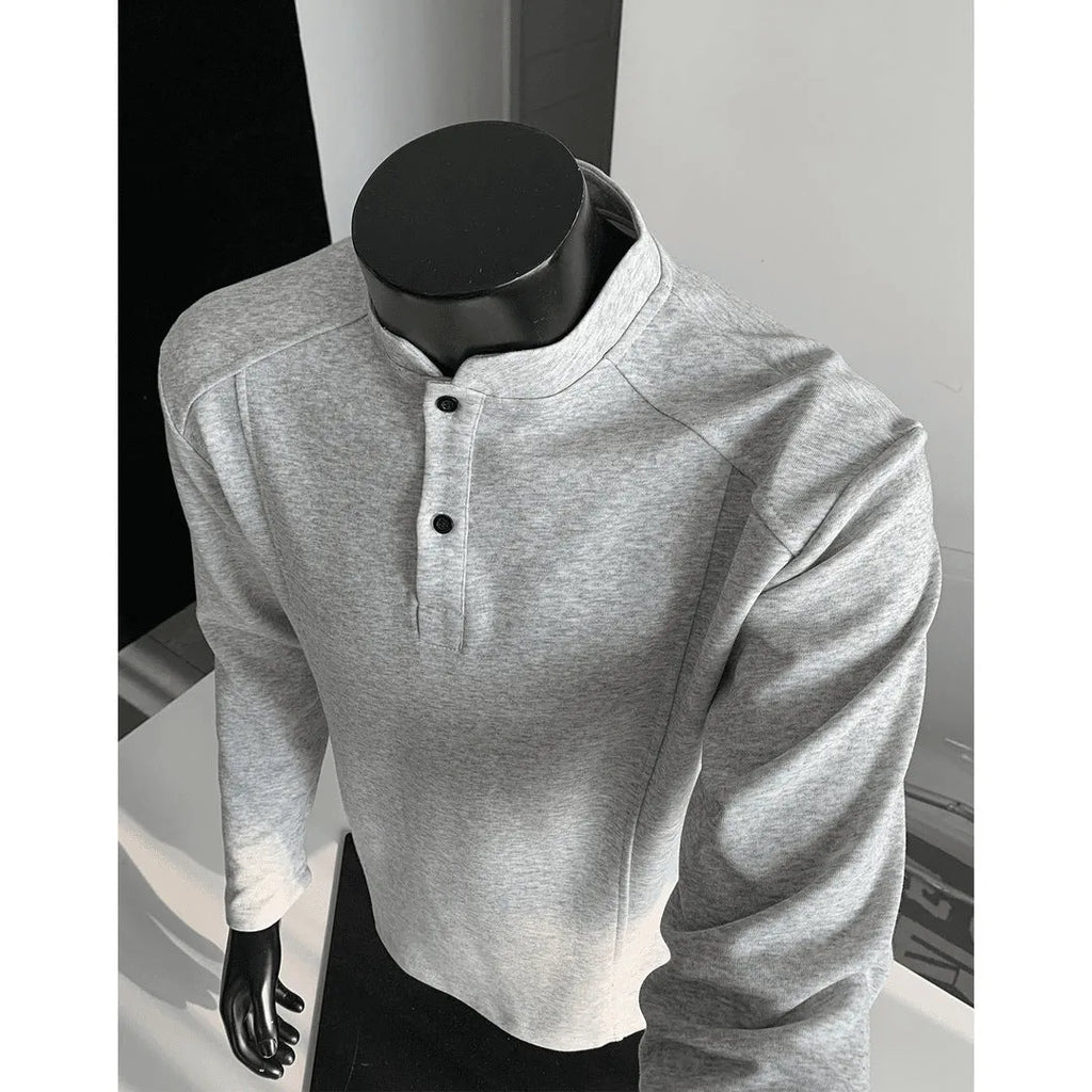 Men's asymmetrical patchwork sweater with stand-up polo collar in neutral colours
