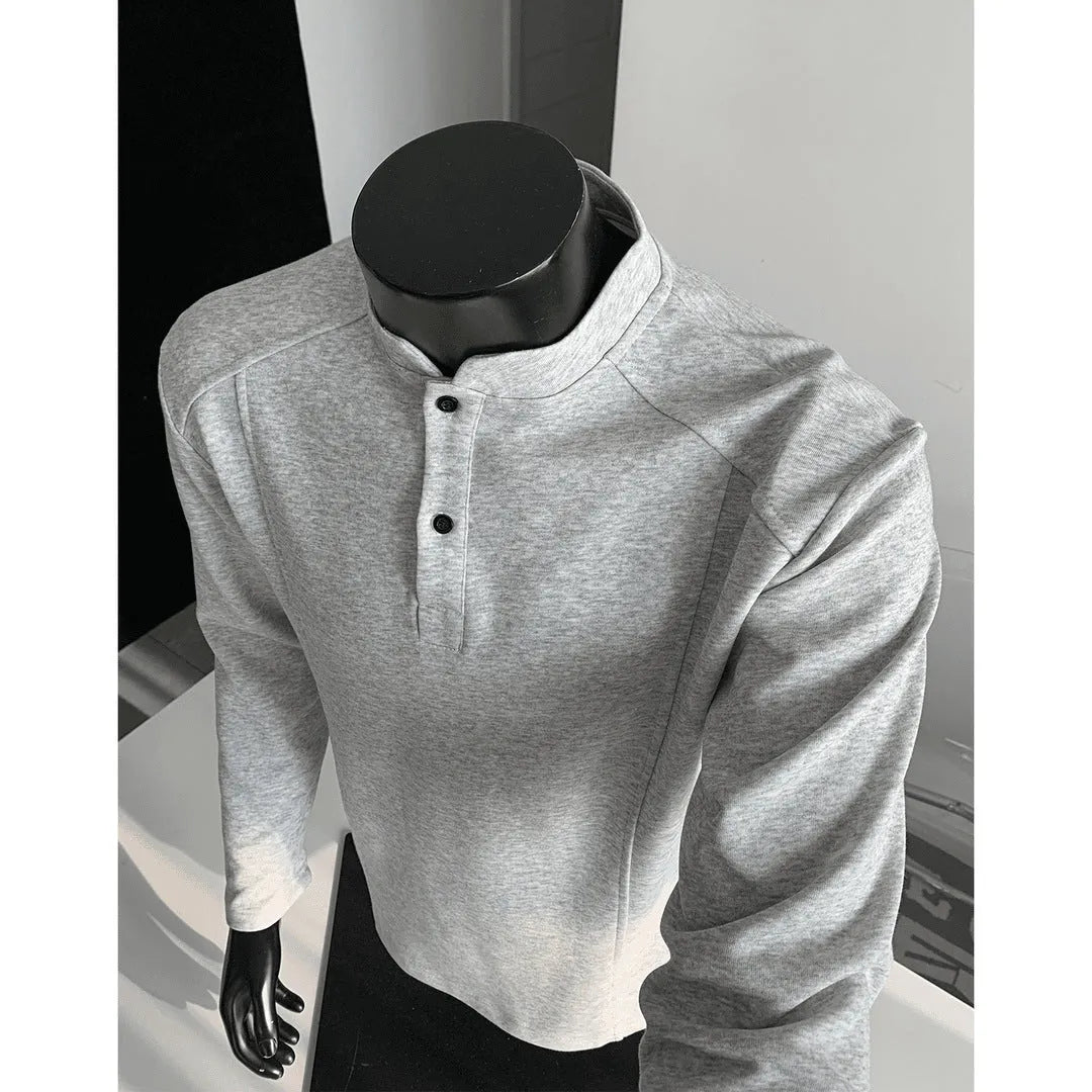 Men's asymmetrical patchwork sweater with stand-up polo collar in neutral colours