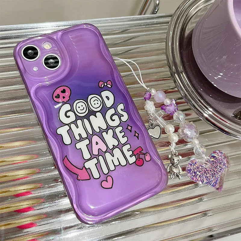 Purple English graffiti love pendant chain on a transparent TPU iPhone case.