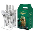 Gold 24-piece stainless steel cutlery set with knives, forks, spoons, and a storage rack.