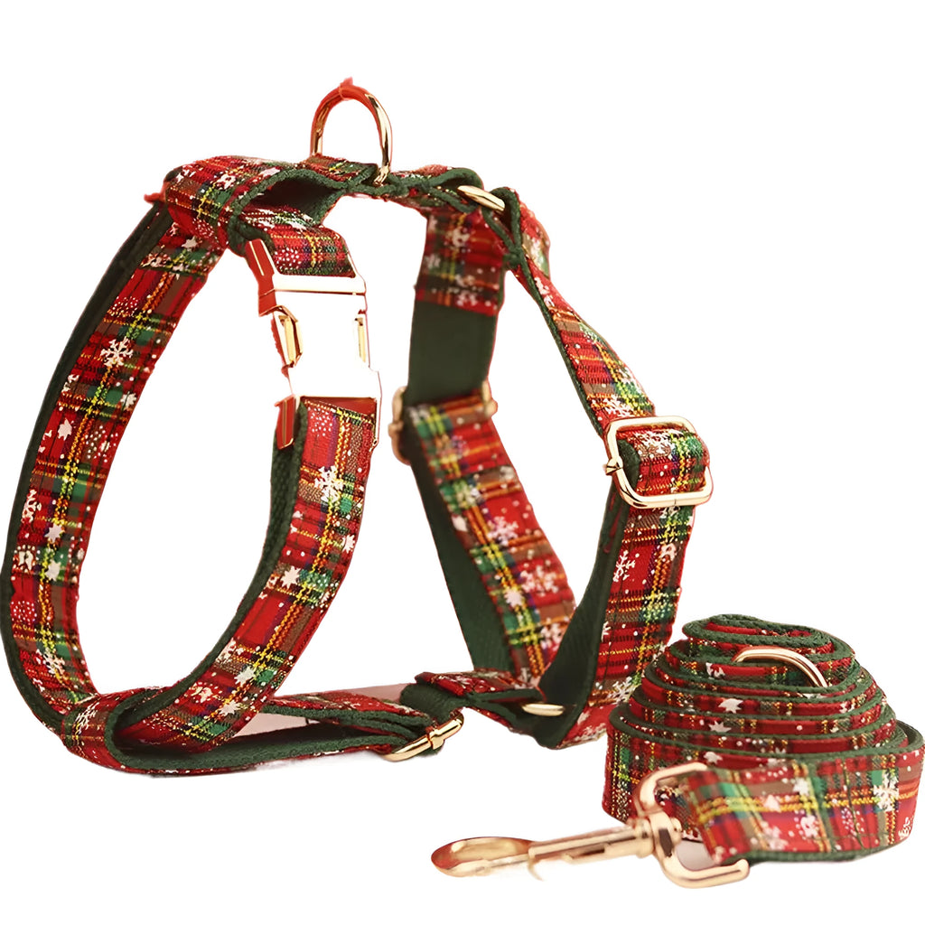 Green snowflake pattern Christmas pet collar, leash, bow, and vest four-piece set in cloth material