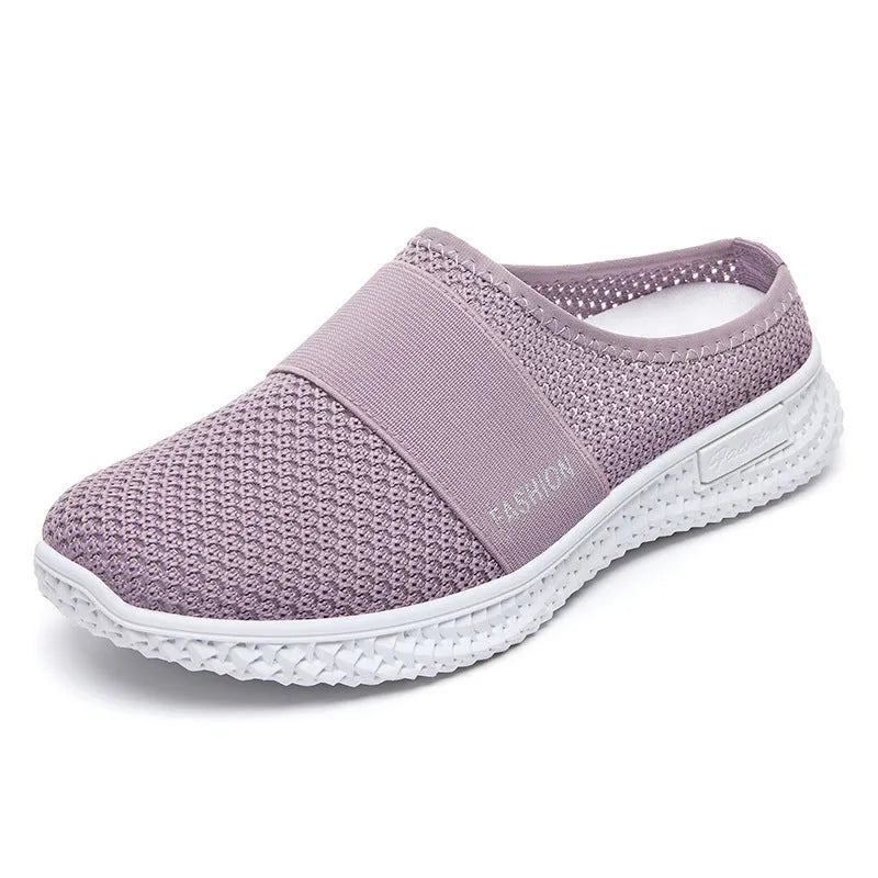 Women's casual mesh shoes with hollow-out design in black, flat heel and round toe