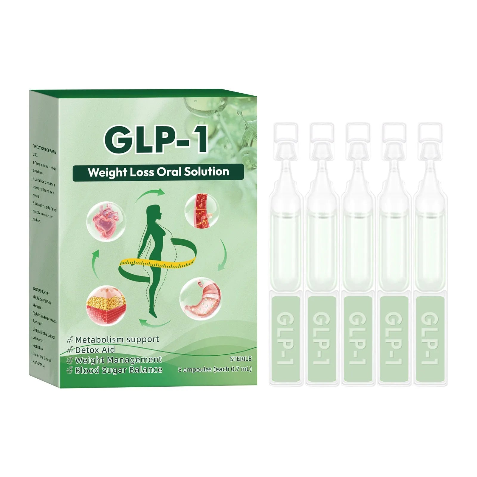Box of abdomen slimming and firming drops showing 50g content with 5 pieces