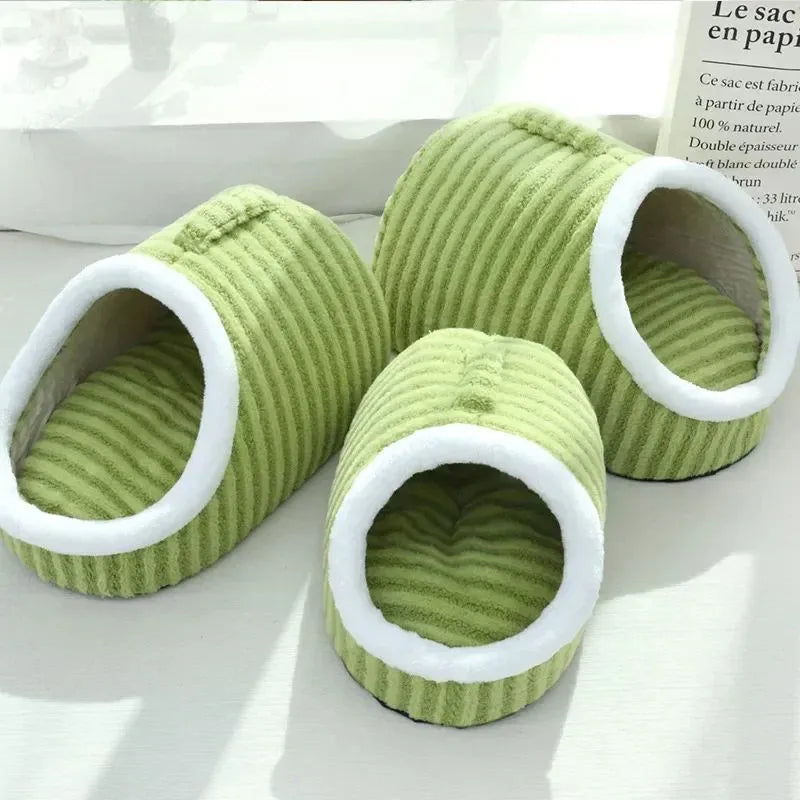 Blue striped thickened 3D dog bed with raised sides and a hole for burrowing, showing removable sponge insert.