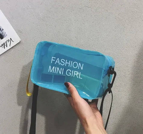 Transparent square jelly shoulder bag with diagonal cross design and adjustable strap
