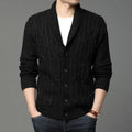 Men's black Korean style jacquard patterned knitted cardigan jacket for autumn and winter.