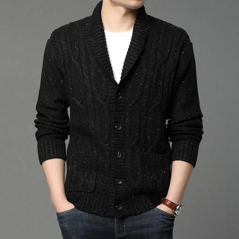 Men's black Korean style jacquard patterned knitted cardigan jacket for autumn and winter.