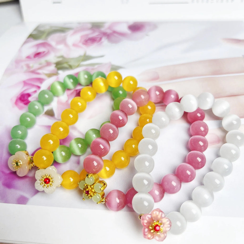 Handmade floral glass bead bracelet women's jewellery in yellow, pink, white or green colour options