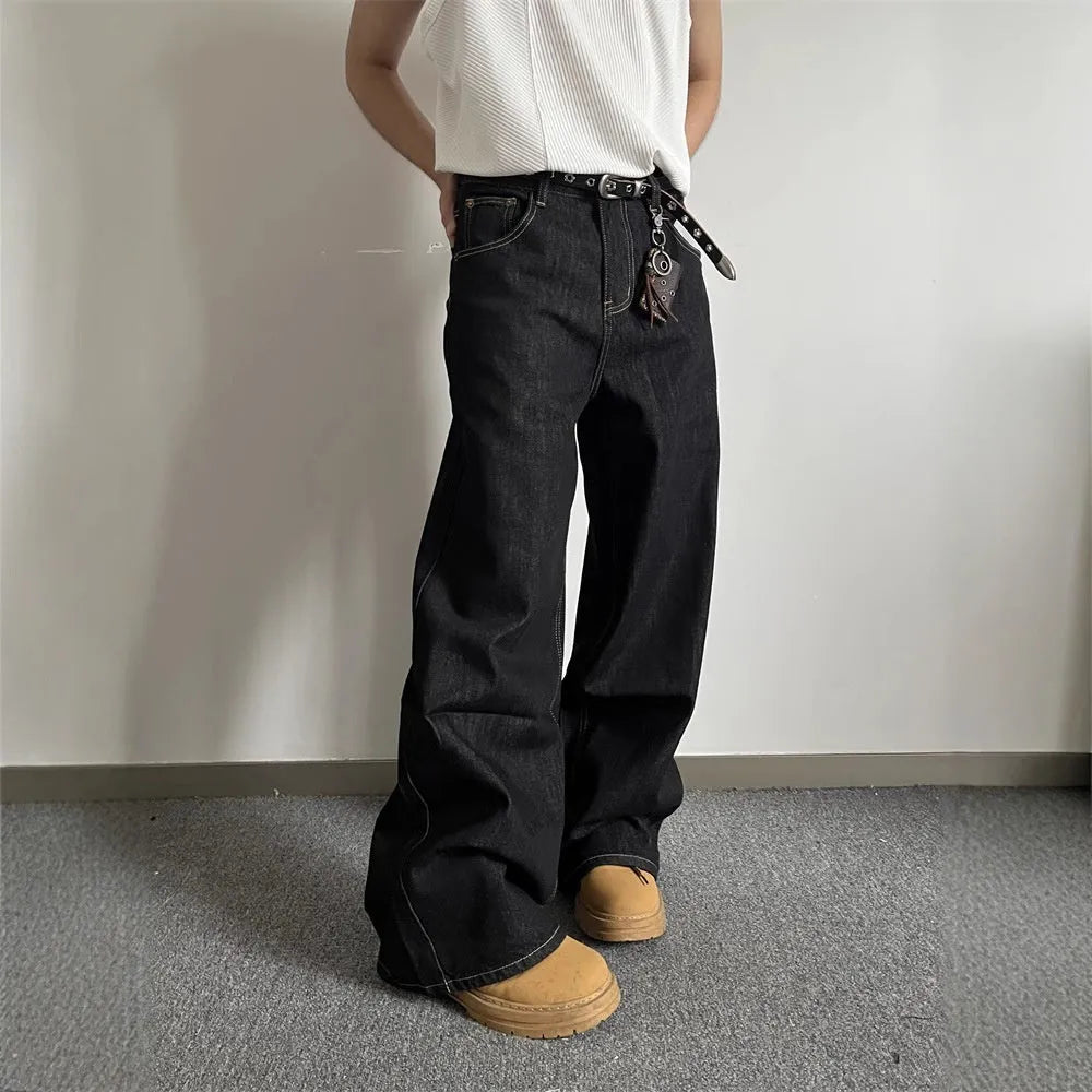 Black loose wide-leg straight-leg jeans with retro style and mid-waist zip closure