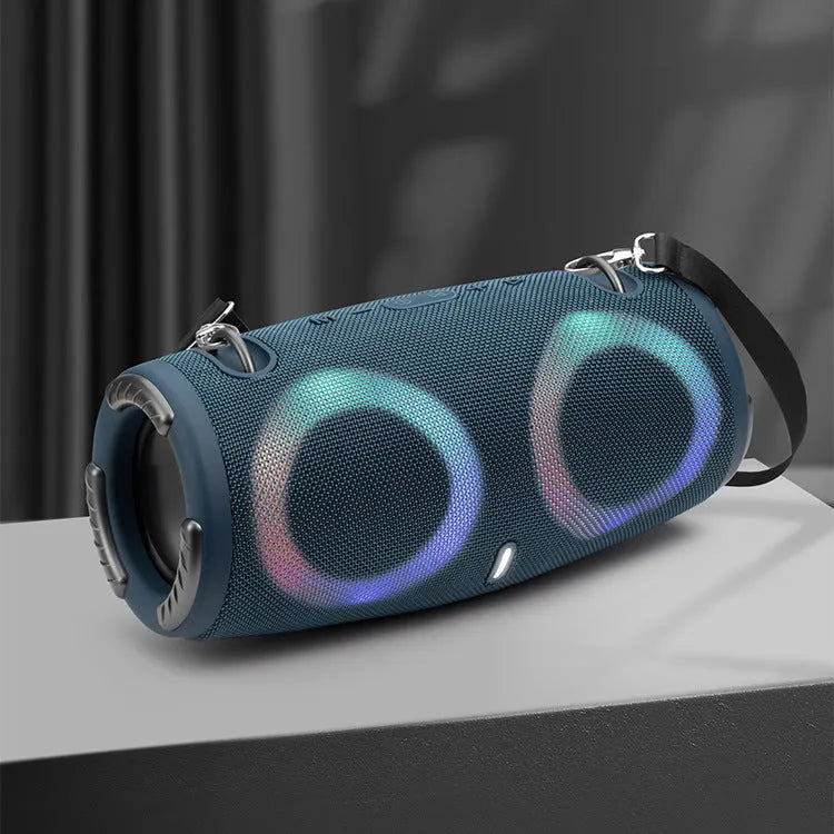Portable Bluetooth speaker with RGB lights in black, blue, camouflage, red, or silver grey.
