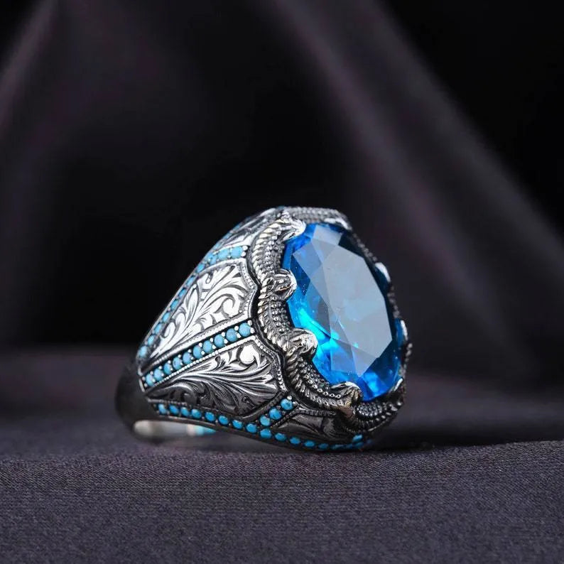 Geometric blue zircon centrepiece grandmother ring in antique silver finish