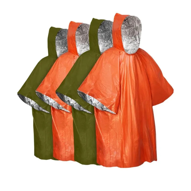 Large orange and army green marathon running raincoat laid flat showing its size.