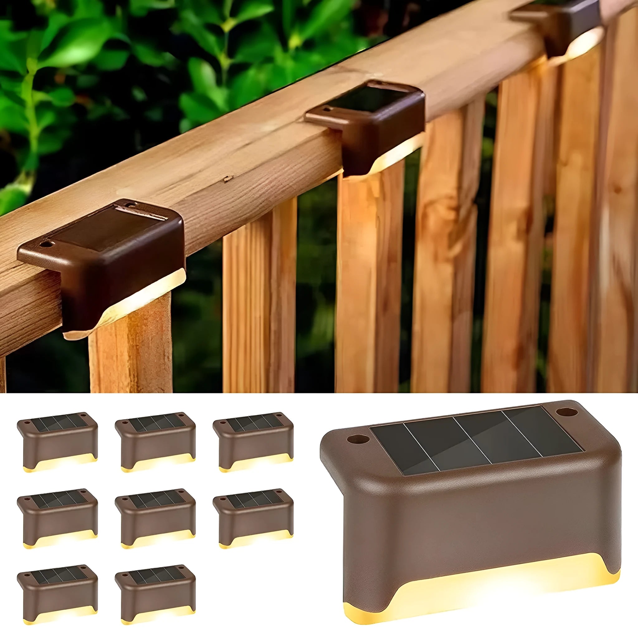 Brown solar step light with warm LED output on outdoor stairs, 4 pack