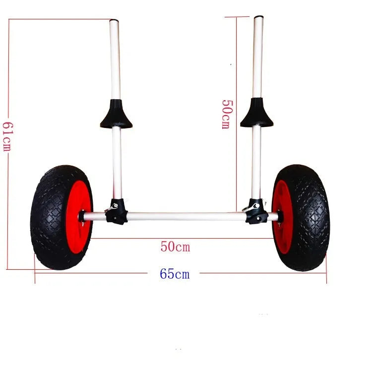 Foldable aluminium kayak cart with upright pole platform on a beach.