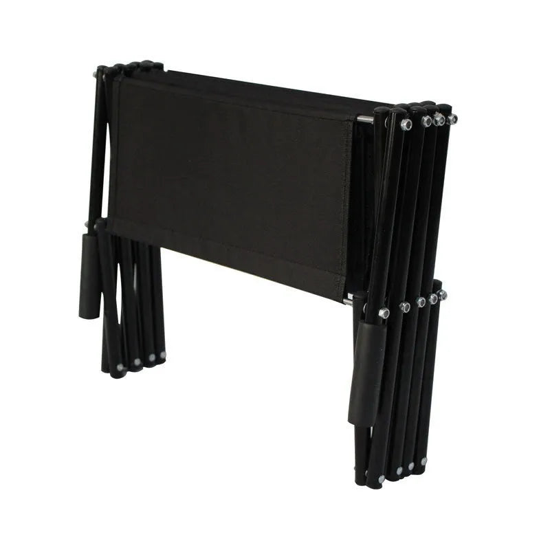 Stainless steel folding dog ladder next to a car, showing navy blue steps and a 101x76x45cm frame.