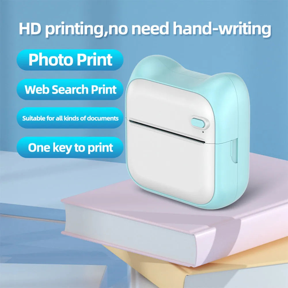 Mini pocket Bluetooth thermal printer in pink with USB charging cable