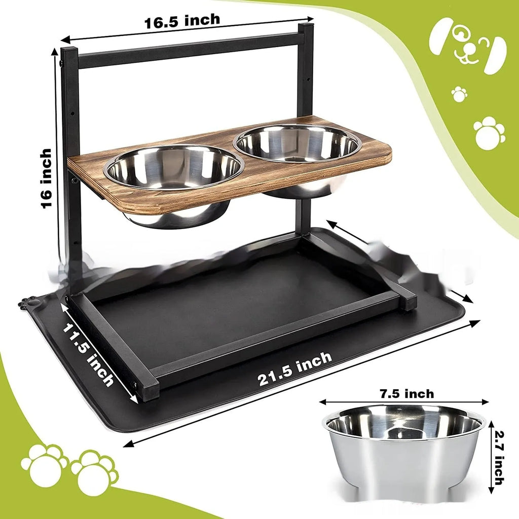 Black iron dog bowl feeding station set with two bowls on a rack, showing three height adjustment levels.