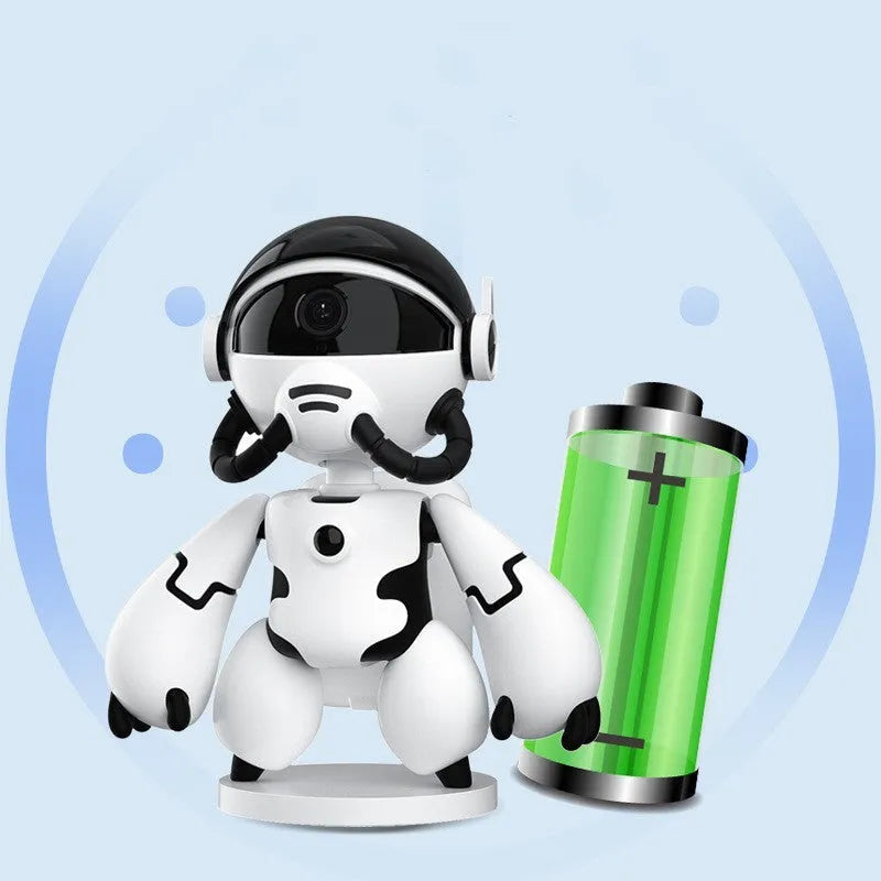 White Space Robot smart home security camera with detachable base on a table