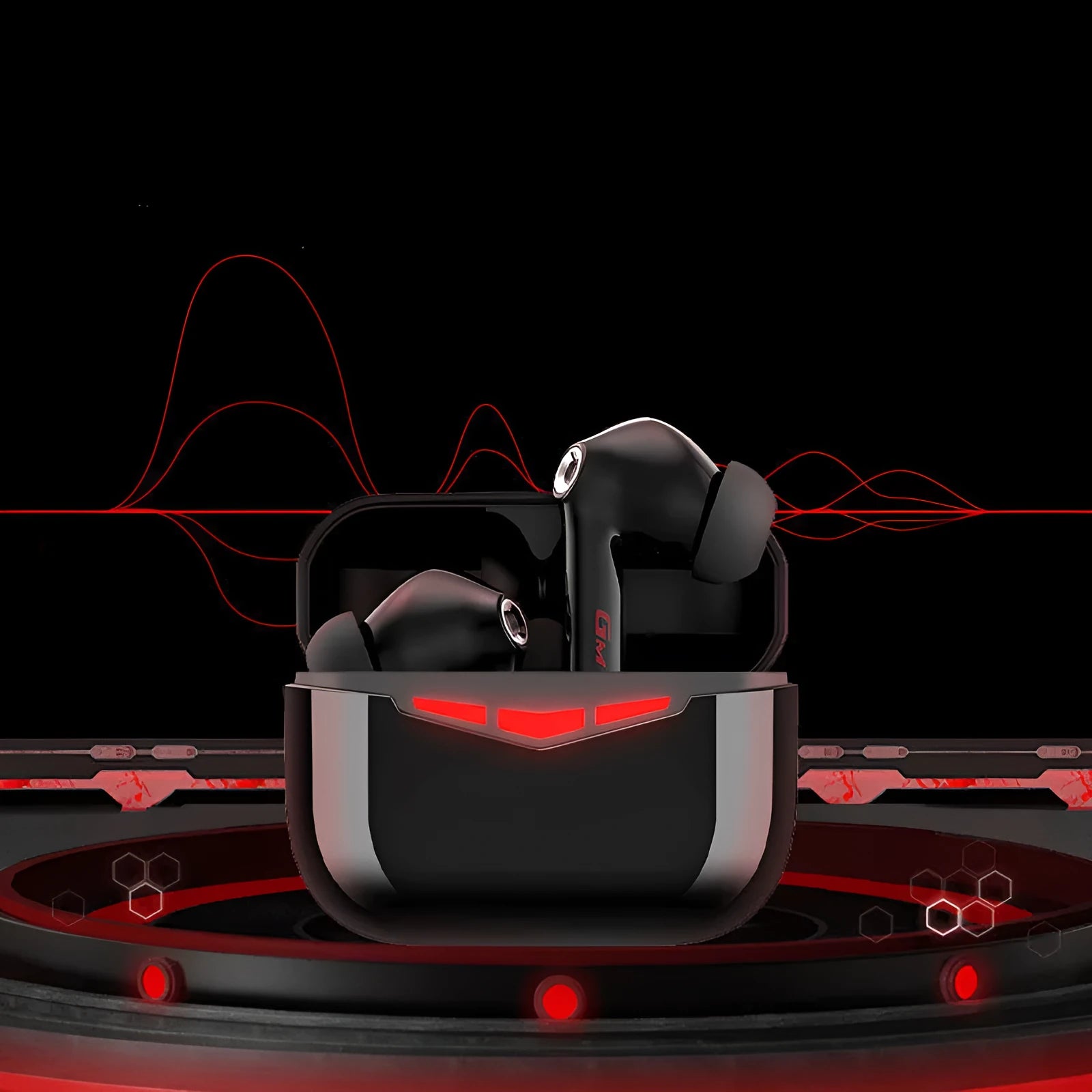 True wireless black gaming earbuds with charging case and three sets of coloured silicone ear tips.