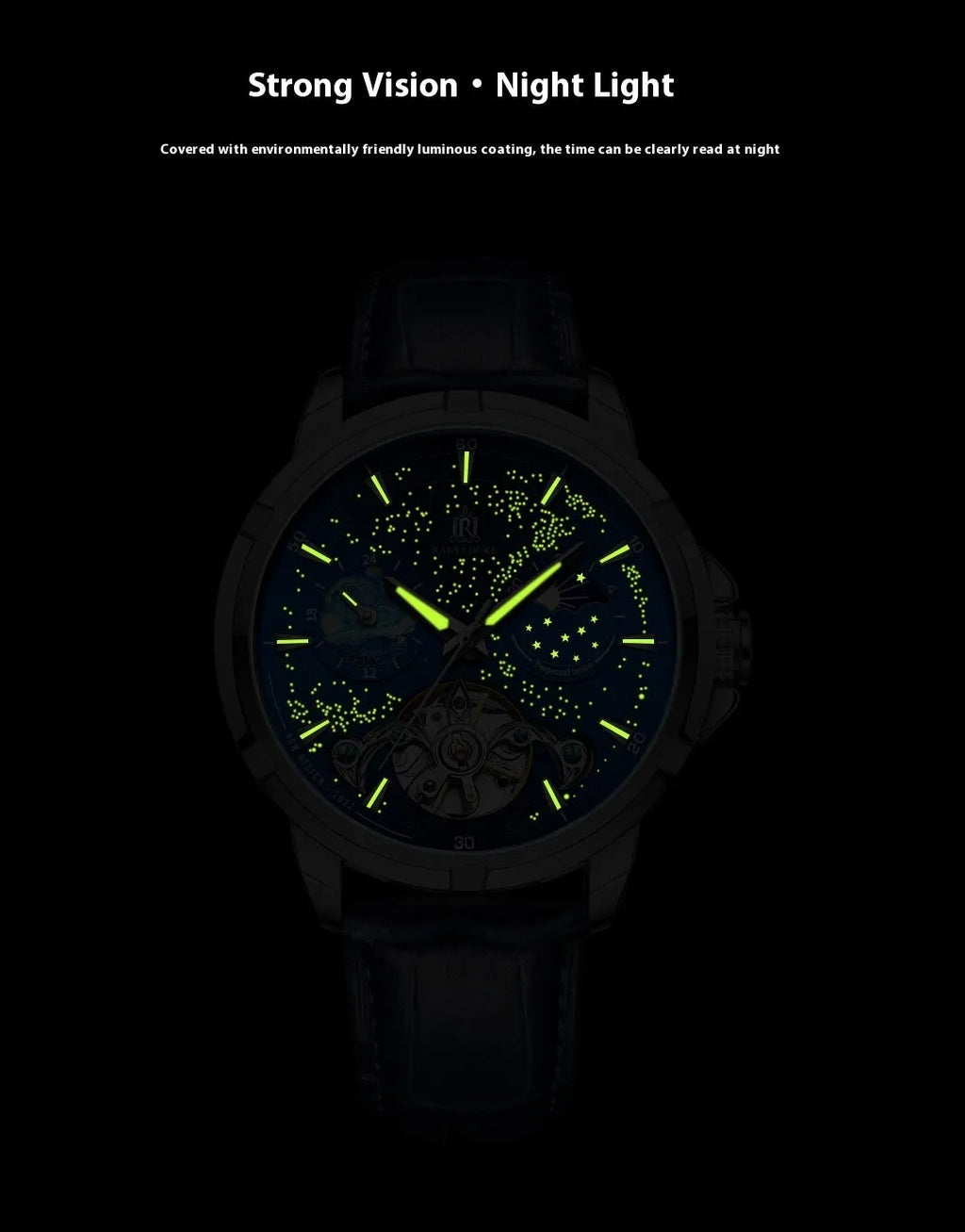 Blue dial men's automatic mechanical watch with a substantial 14mm thick case on a wrist.