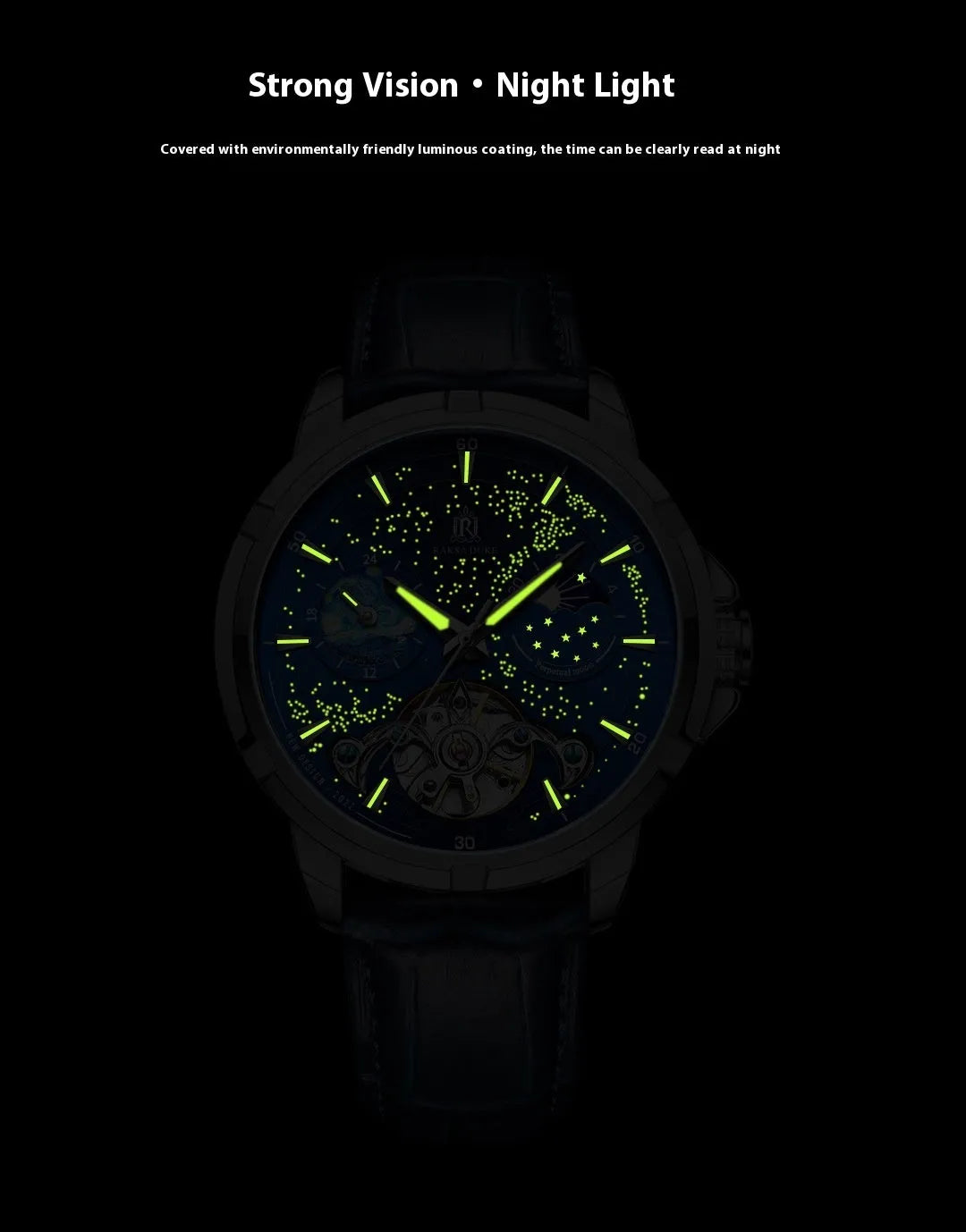 Blue dial men's automatic mechanical watch with a substantial 14mm thick case on a wrist.