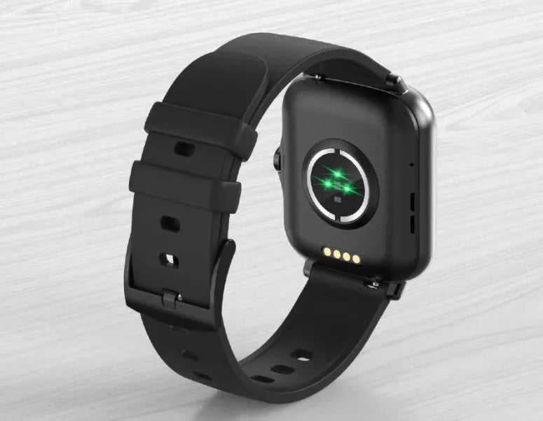 Black smart sports watch with colour touch screen on adjustable strap, showing heart rate data.