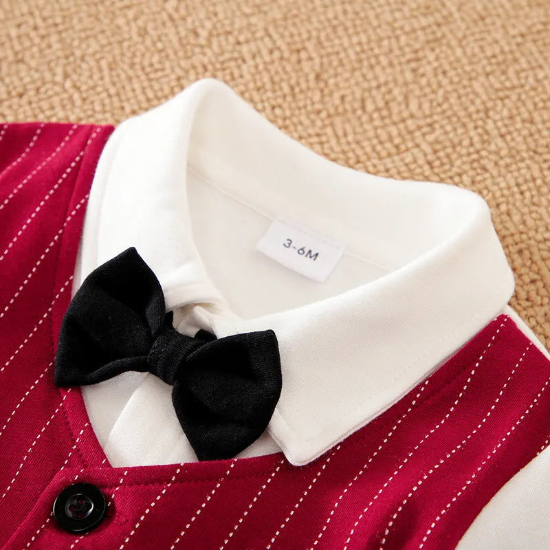 Baby boy gentleman-style long sleeve cotton jumpsuit in wine red, suitable for autumn and spring.