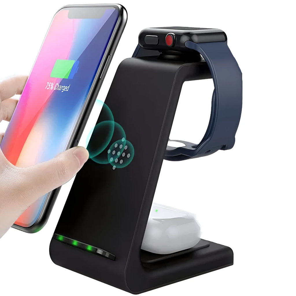 T3 model wireless charging pad for Apple iPhone, shown in black, white and grey colour options.
