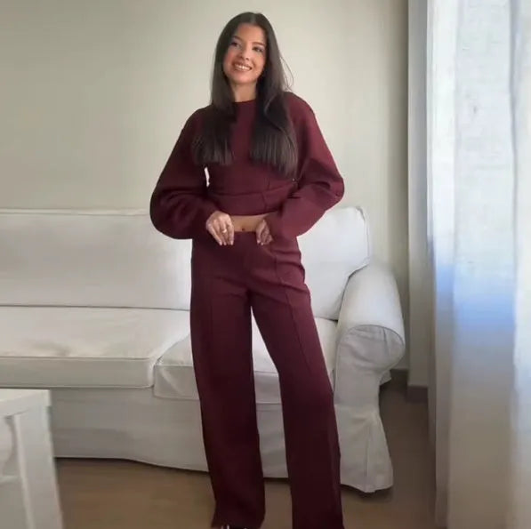 Women's polar fleece suit set with O-neck top and wide leg trousers in multiple colour options