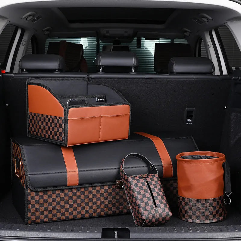 Retractable leather interior car trash can with handle, shown in colour as pictured.