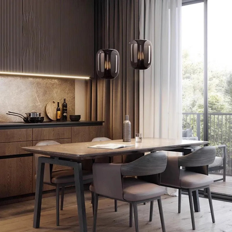 Minimalist Nordic chandelier in clear, cognac, or smoky grey colour, 16 cm wide by 20 cm high.