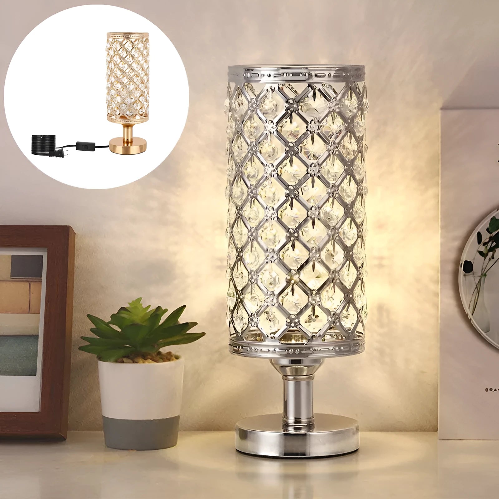 Modern crystal table lamp with hollow-carved design, metal base, gold finish, push button switch, on bedside table